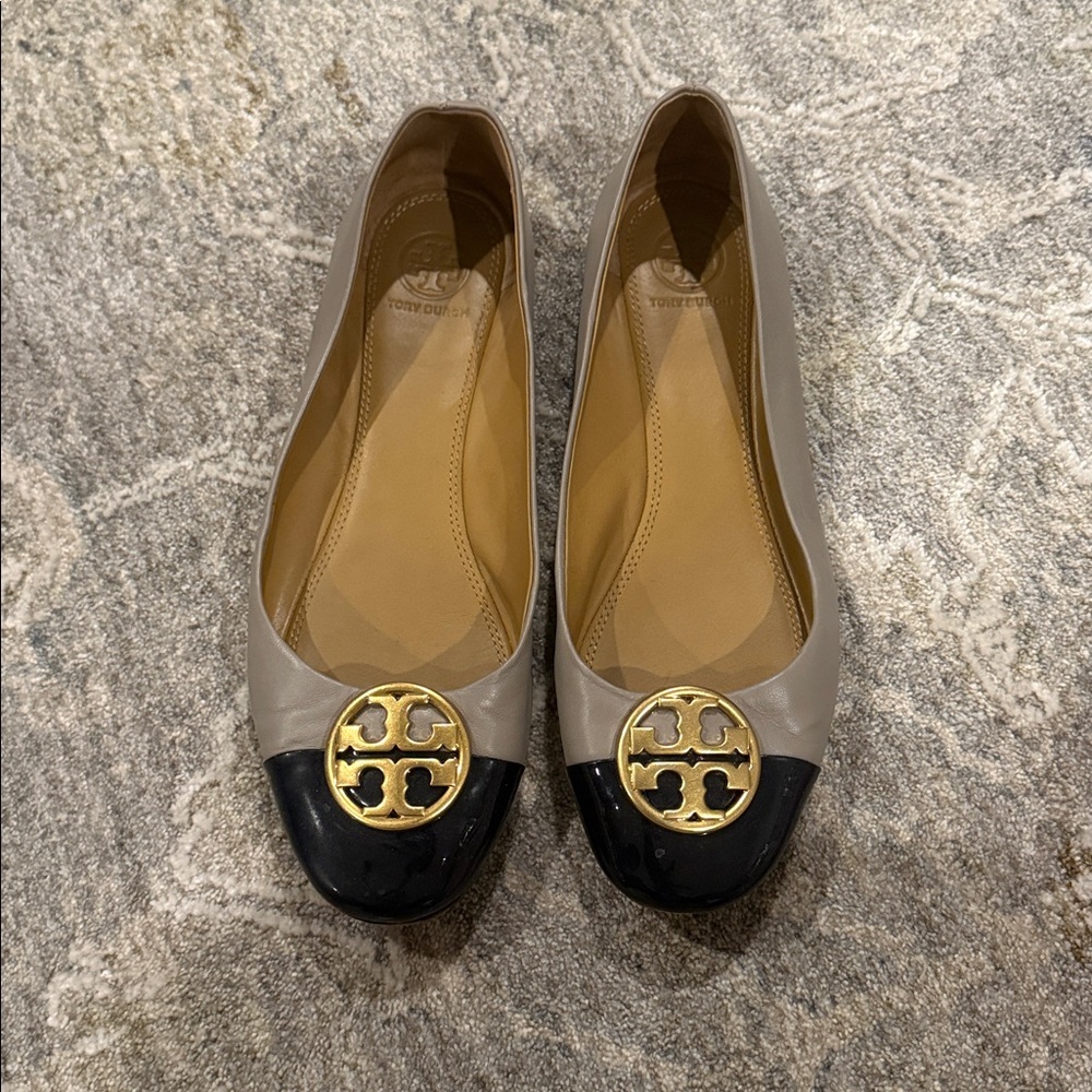 Tory Burch Navy and Taupe Flats with Gold Emblem
